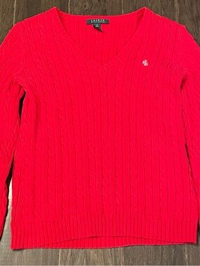 Lauren Ralph Lauren Womens Sweater Small Red Cable Knit Cotton V Neck Pullover